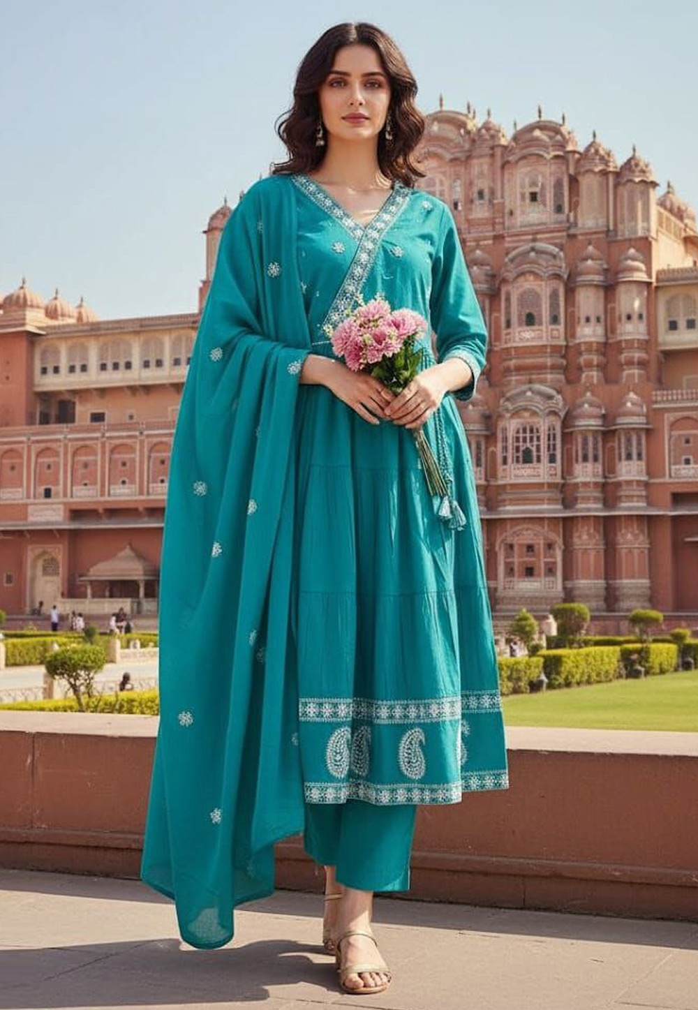 Sky Blue Cotton Readymade Anarkali Suit 323633