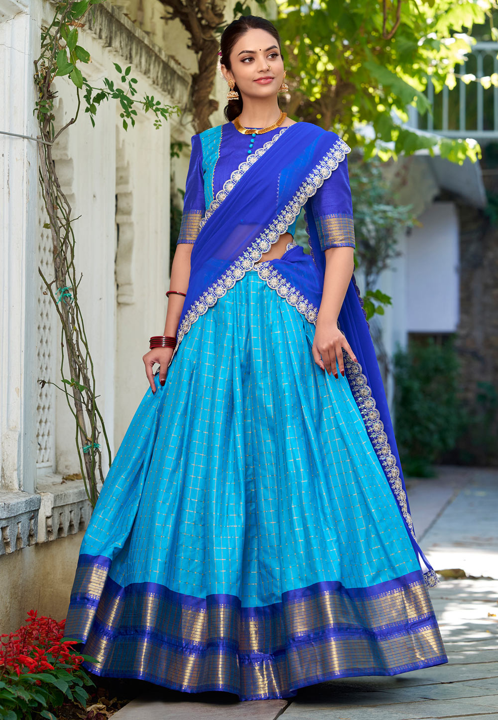 Sky Blue Cotton Readymade Circular Lehenga Choli 307523