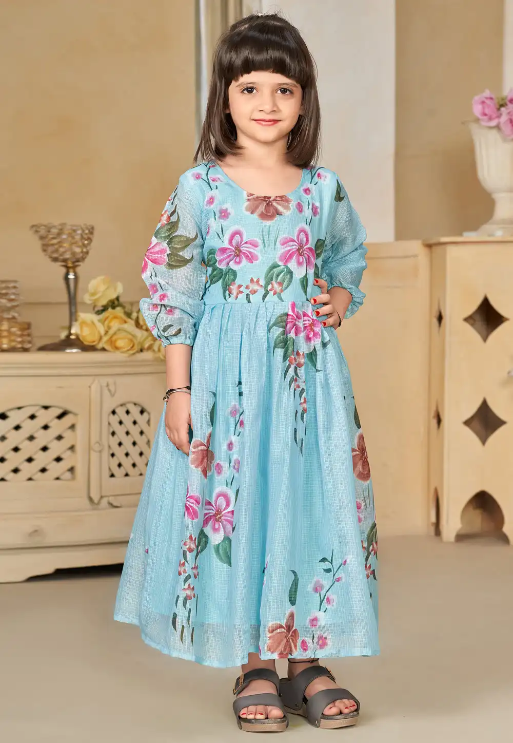 Sky Blue Cotton Readymade Kids Gown 284483