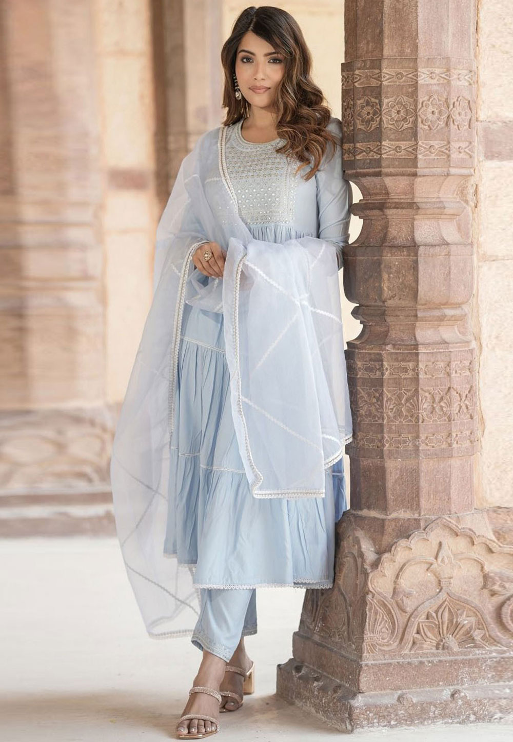 Sky Blue Cotton Readymade Pakistani Suit 308050