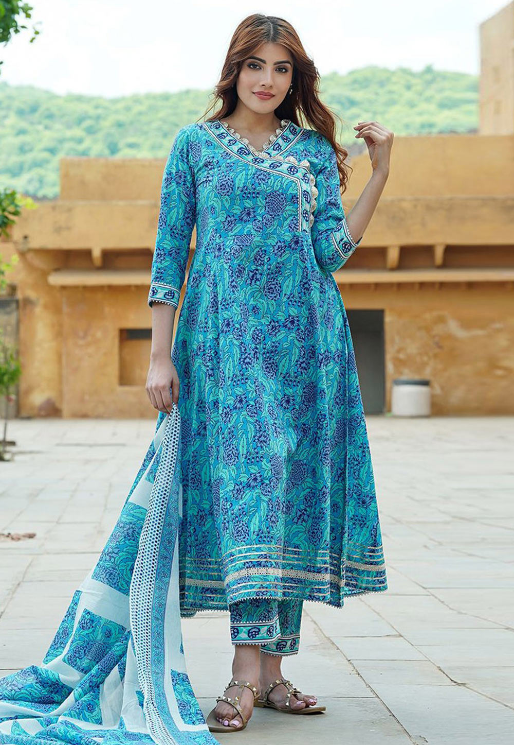 Sky Blue Cotton Readymade Pakistani Suit 308052