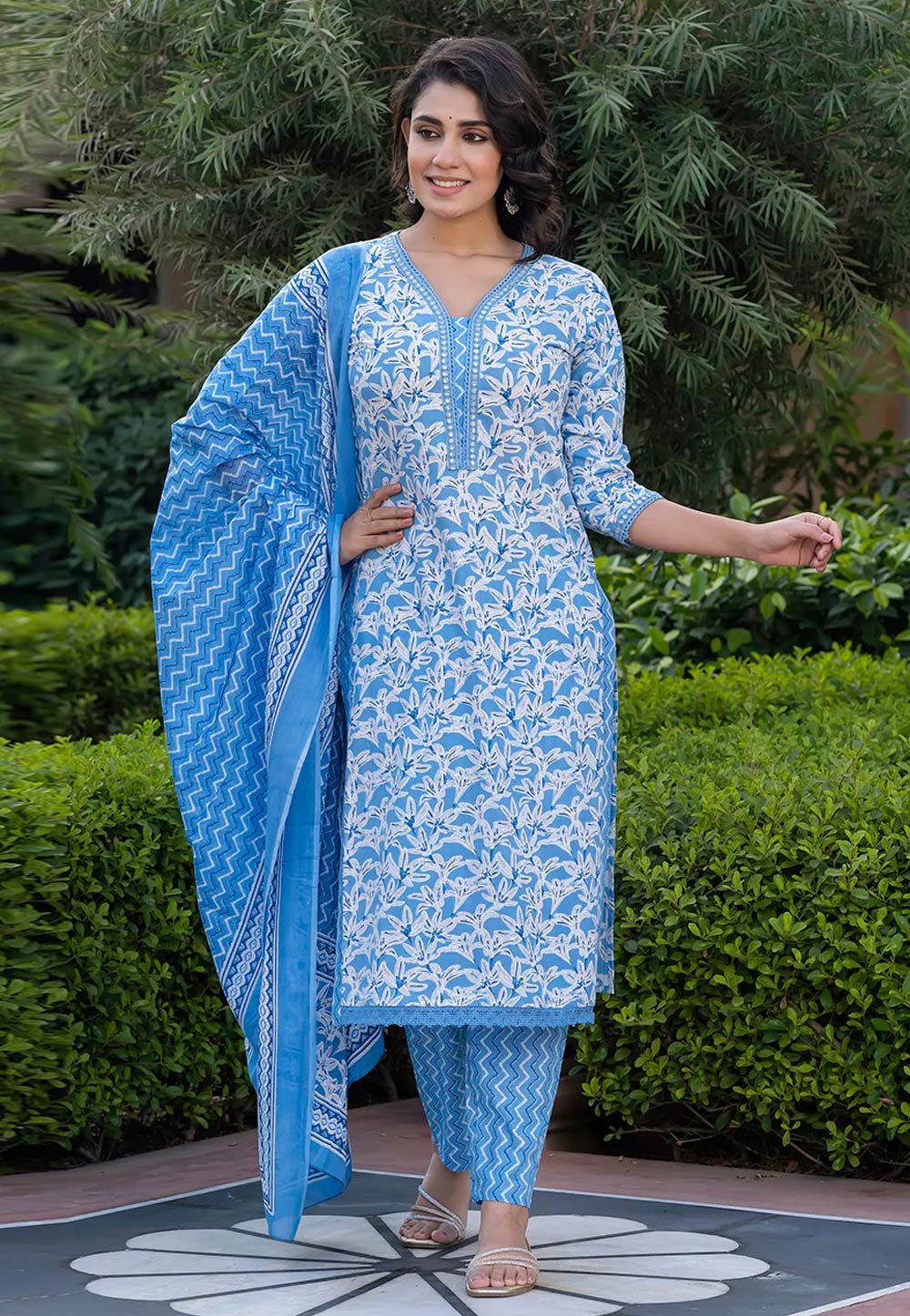 Sky Blue Cotton Readymade Pakistani Suit 308067