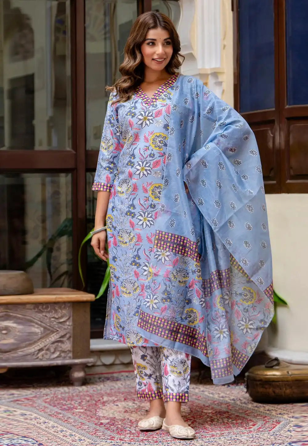 Sky Blue Cotton Readymade Pakistani Suit 326235