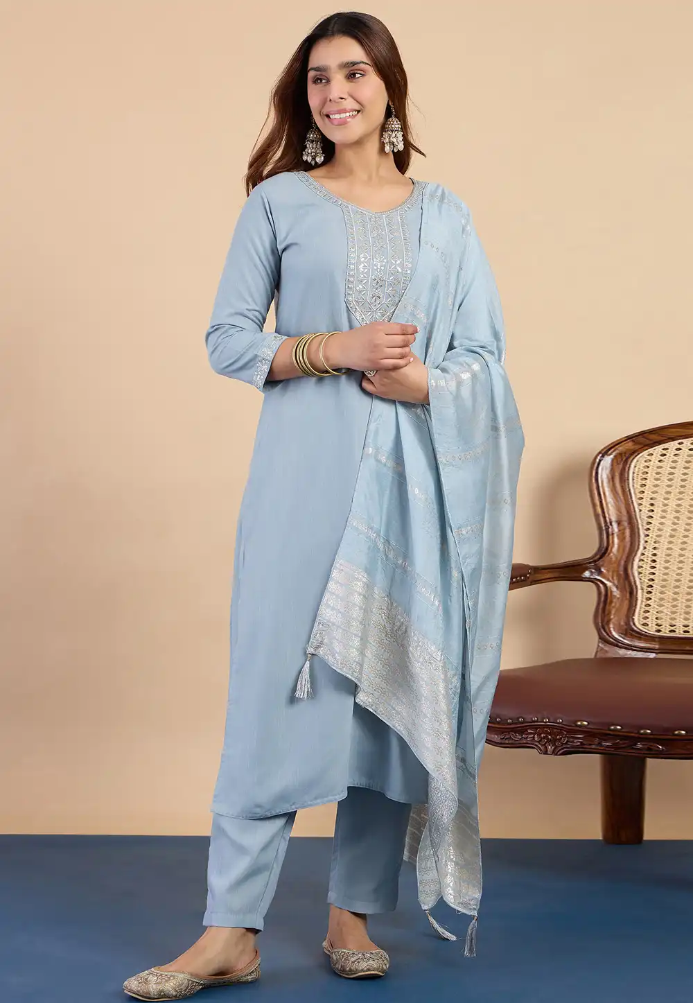 Sky Blue Cotton Readymade Pakistani Suit 328776