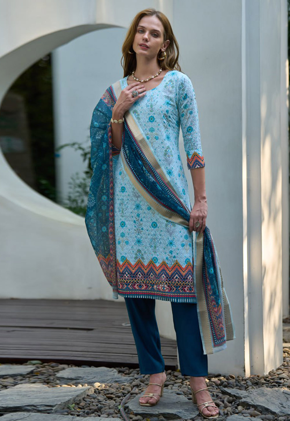 Sky Blue Cotton Readymade Pakistani Suit 312005