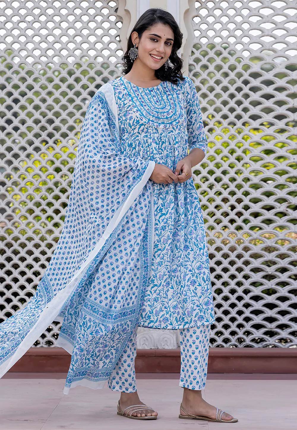 Sky Blue Cotton Readymade Pant Style Suit 308058