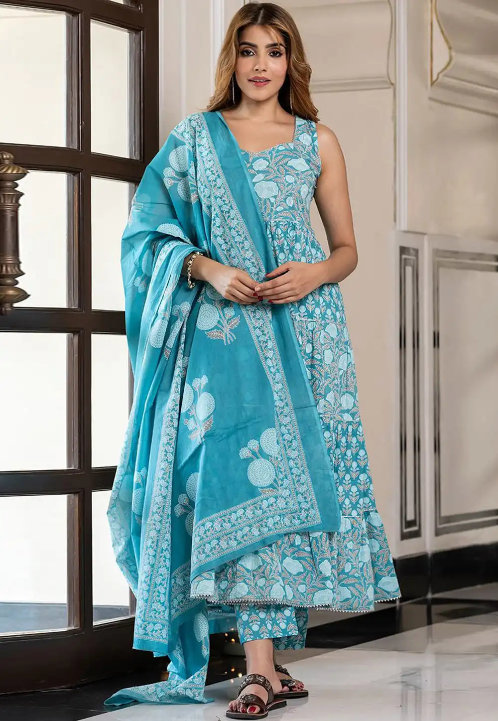 Sky Blue Cotton Readymade Pant Style Suit 315973