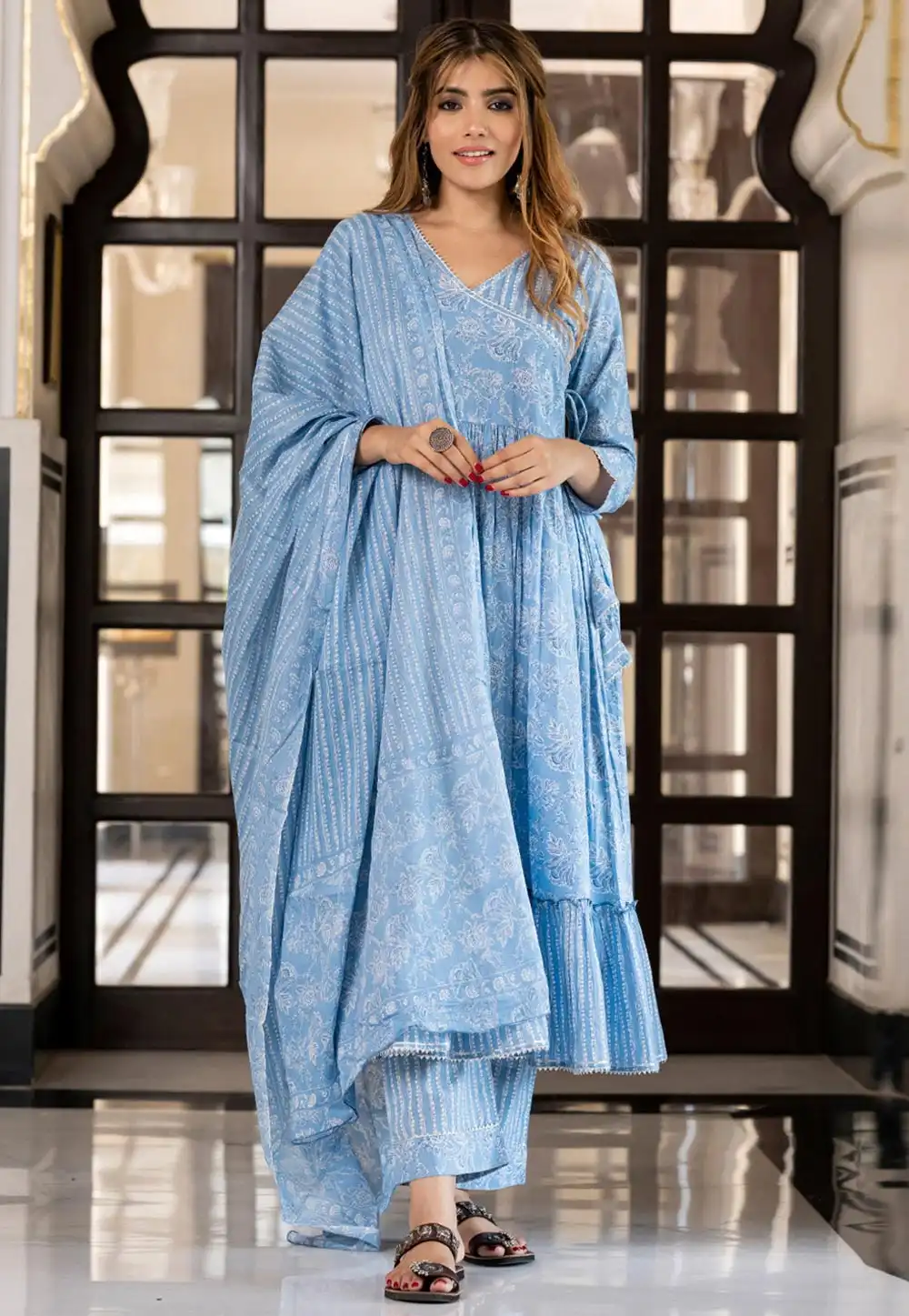 Sky Blue Cotton Readymade Pant Style Suit 321733