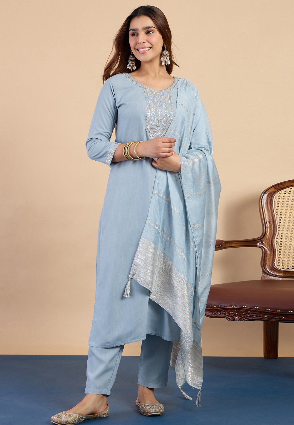 Sky Blue Cotton Readymade Pant Style Suit 328304