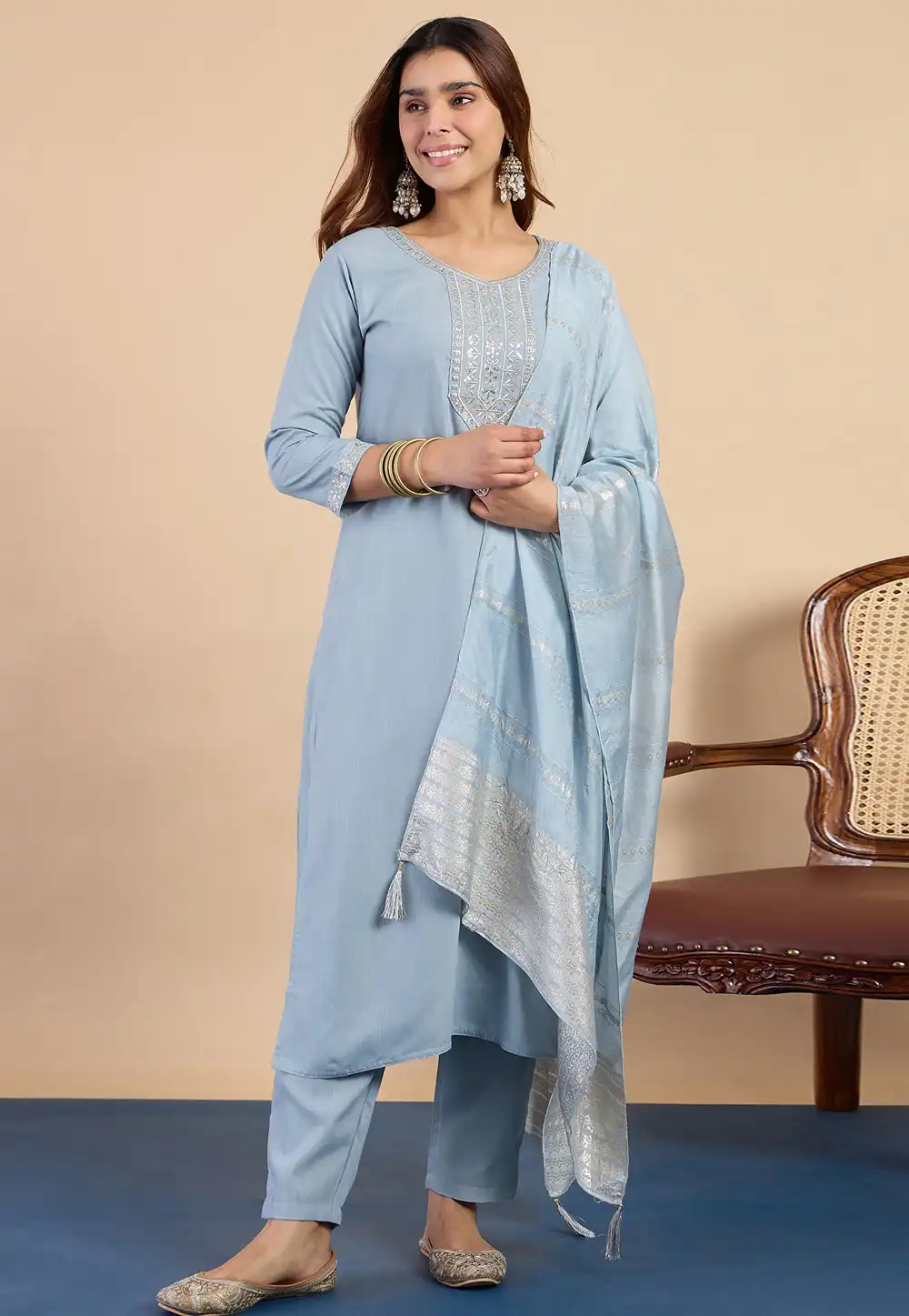 Sky Blue Cotton Readymade Pant Style Suit 328304
