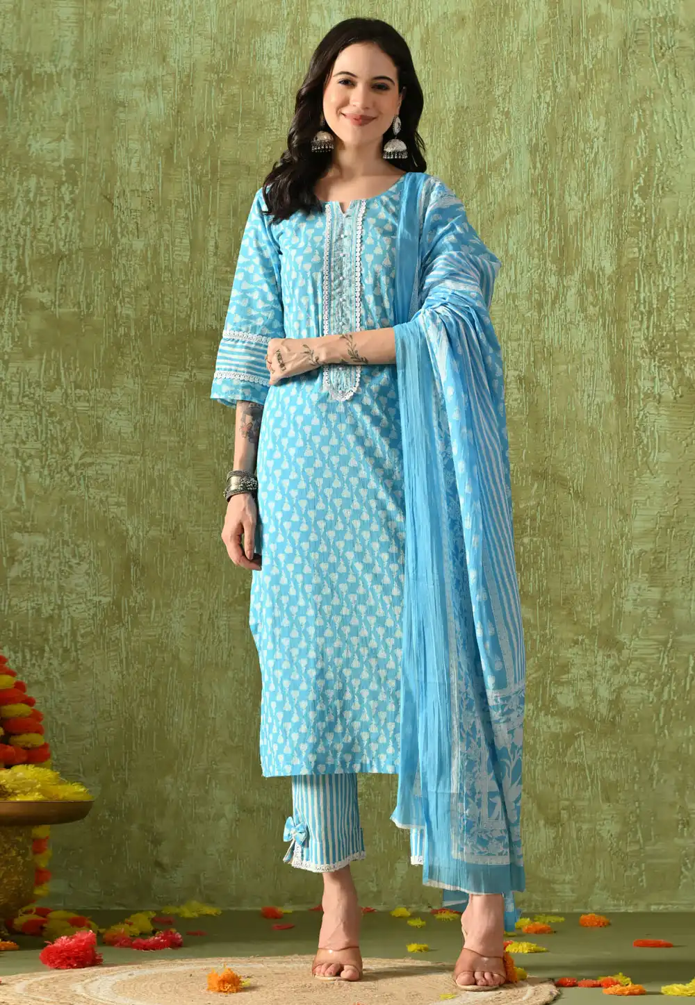 Sky Blue Cotton Readymade Pant Style Suit 321793