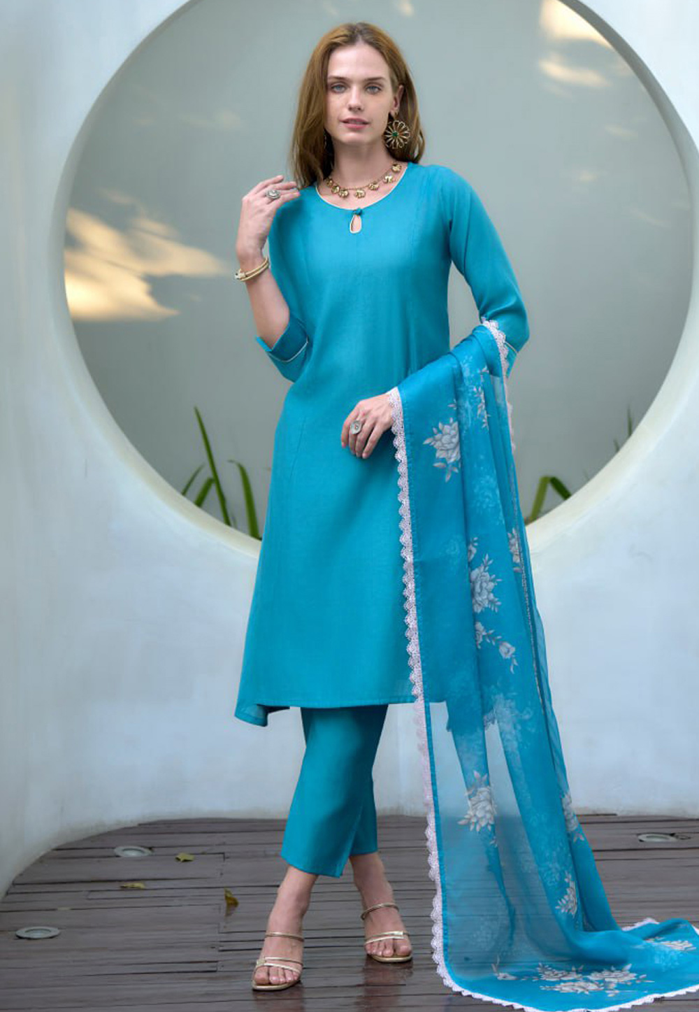 Sky Blue Cotton Readymade Pant Style Suit 312010