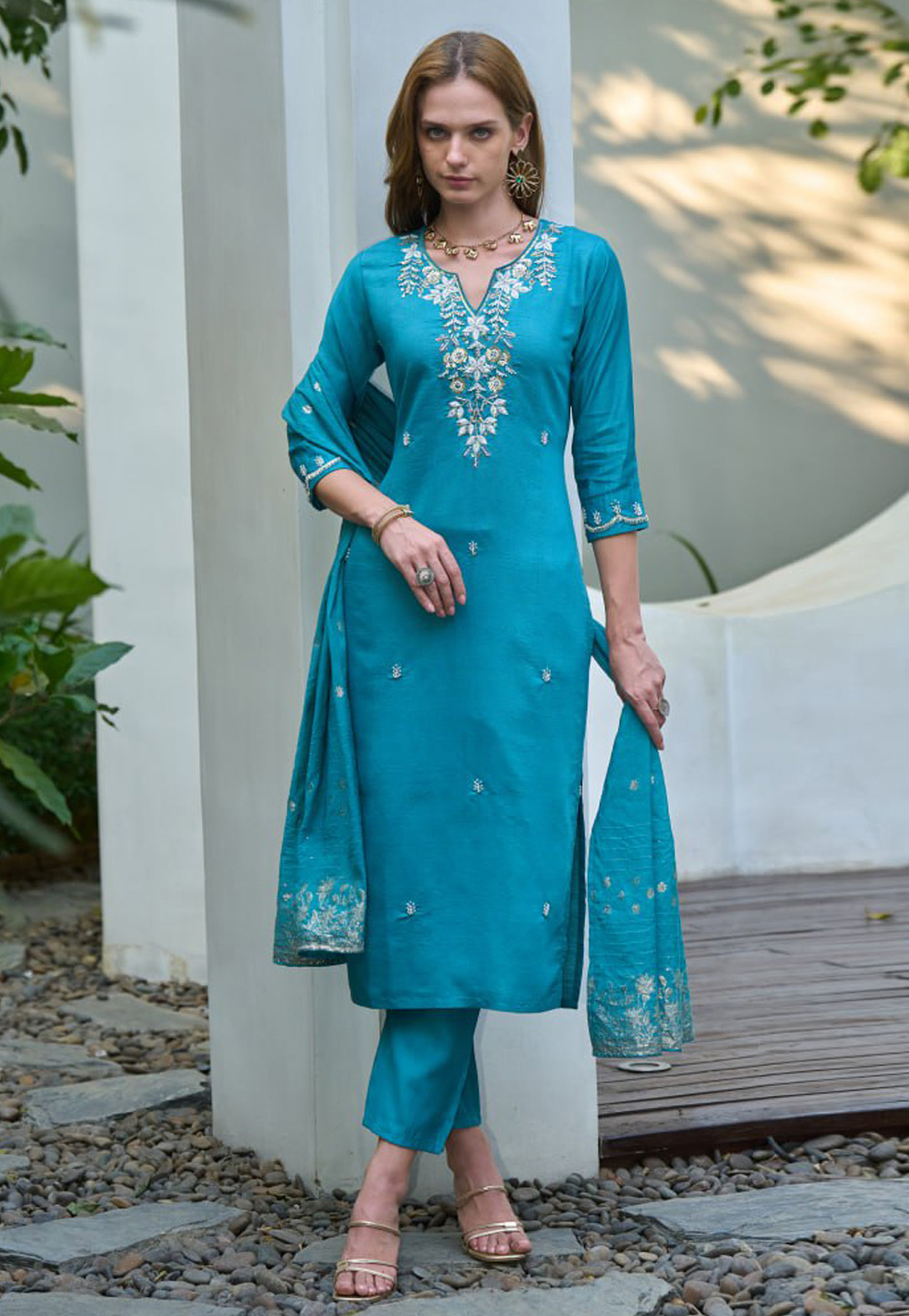 Sky Blue Cotton Readymade Pant Style Suit 312020
