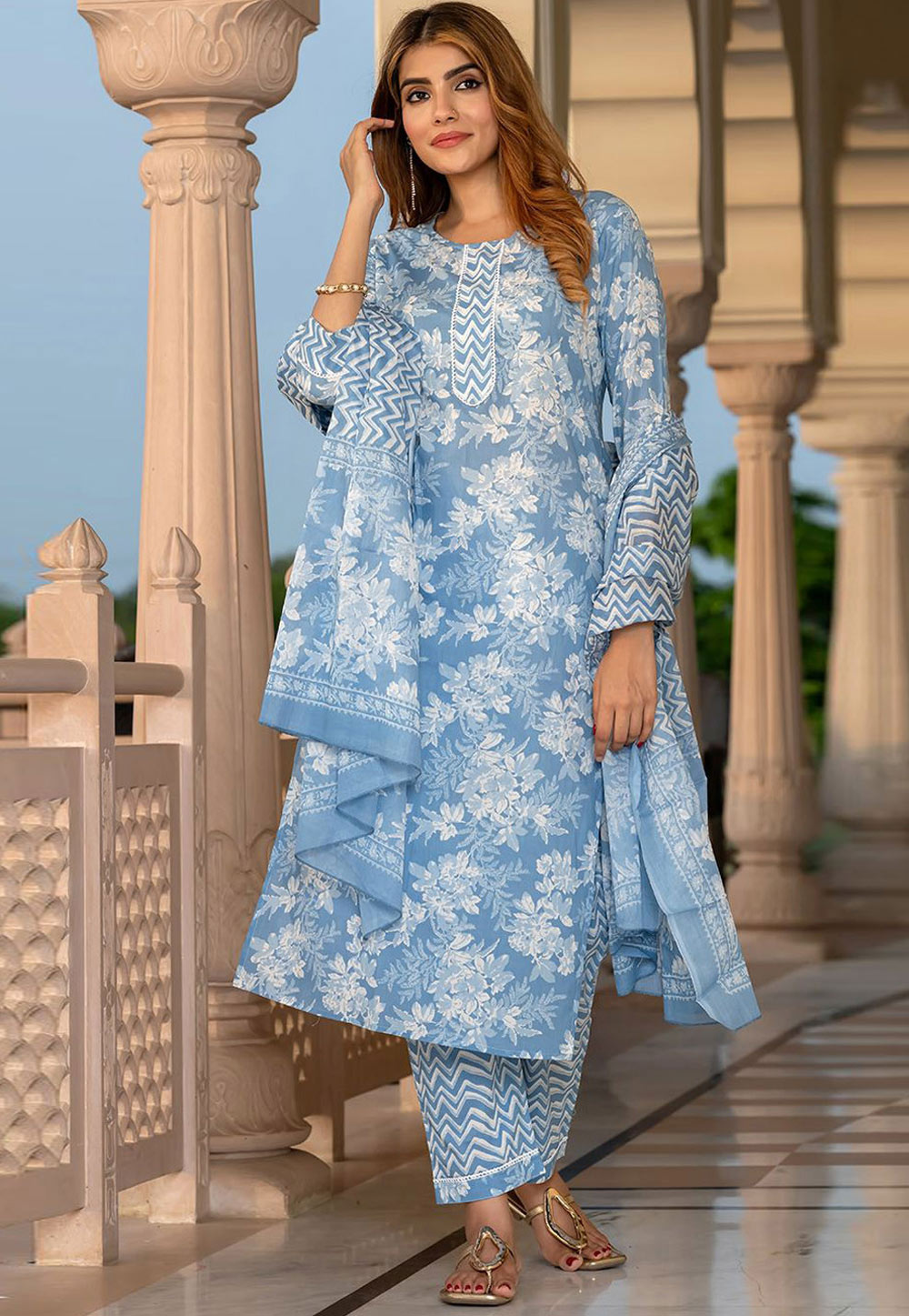 Sky Blue Cotton Readymade Straight Suit 319548