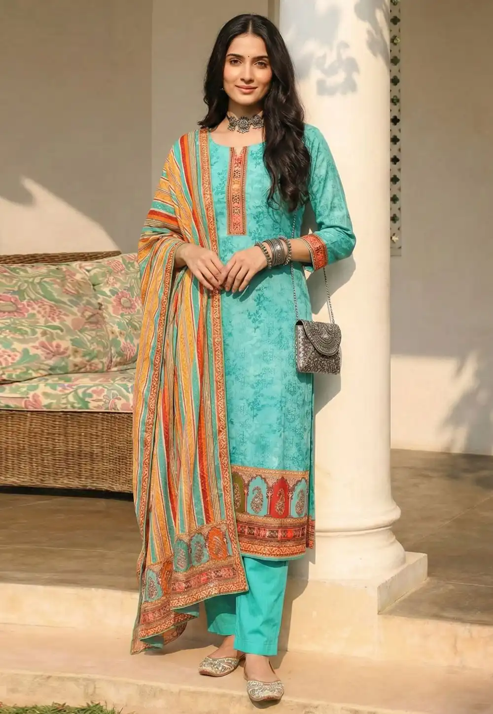 Sky Blue Cotton Readymade Straight Suit 326409