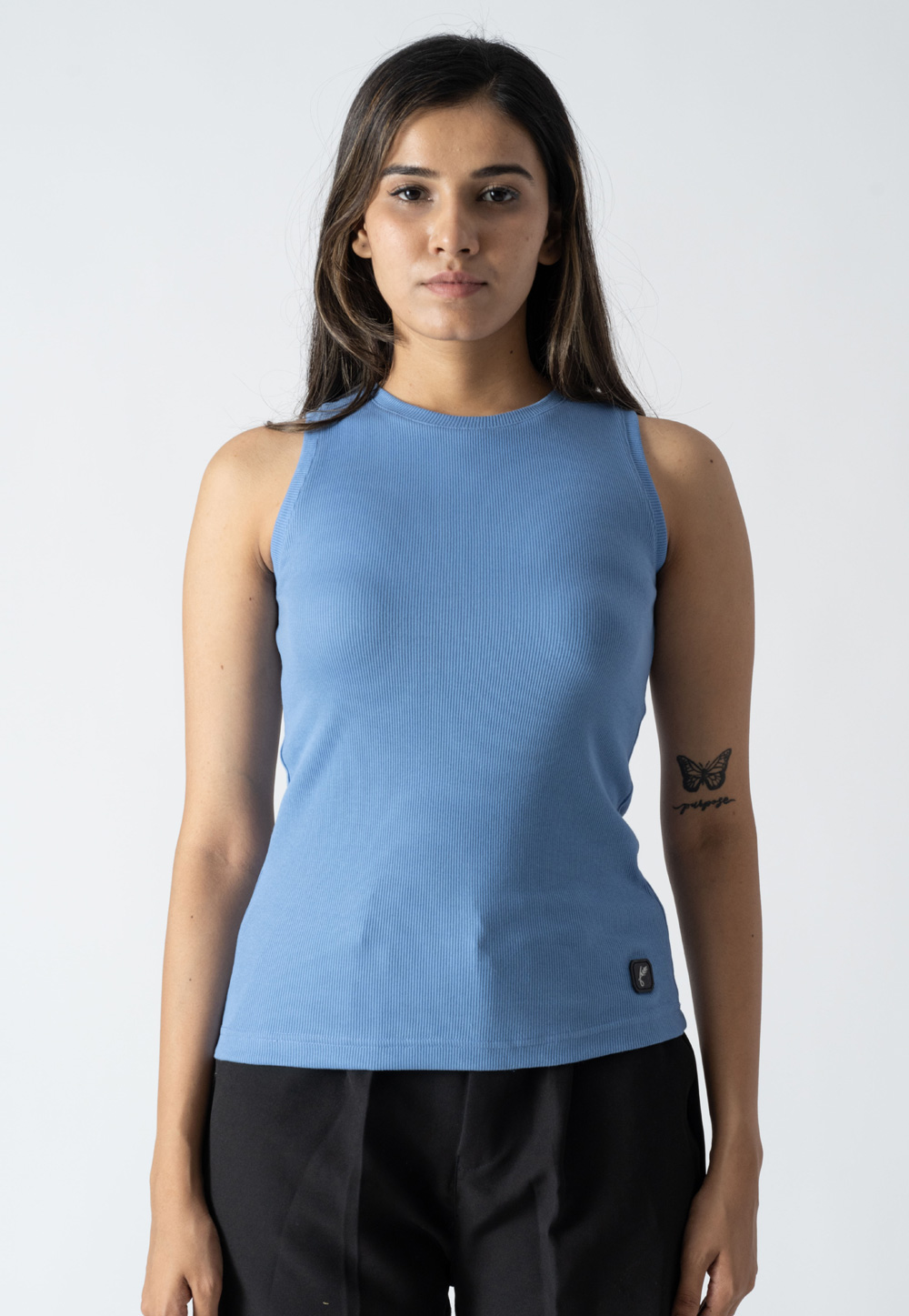 Sky Blue Cotton Ribbed Sleeveless Top 313251