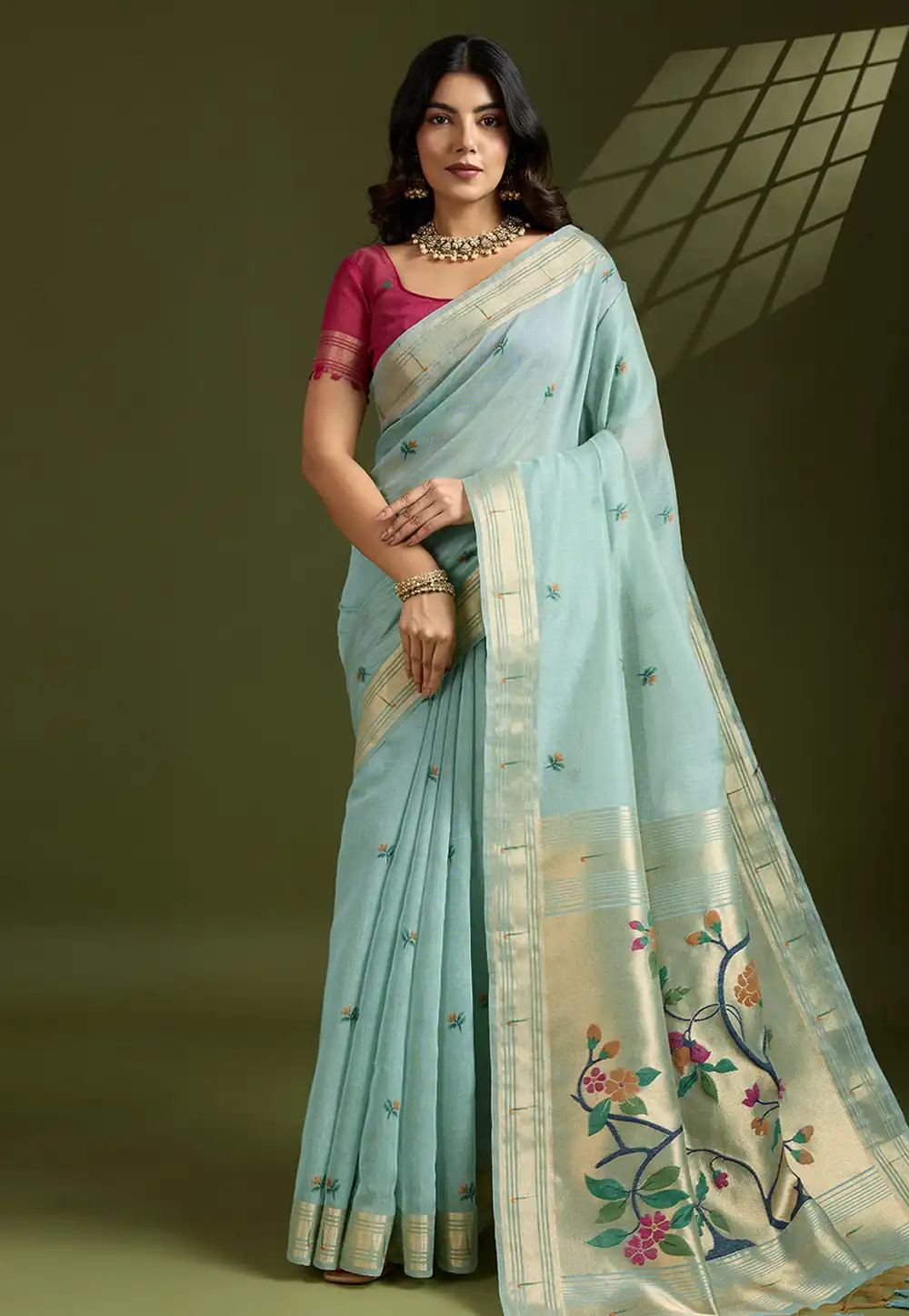 Sky Blue Cotton Saree With Blouse 314062