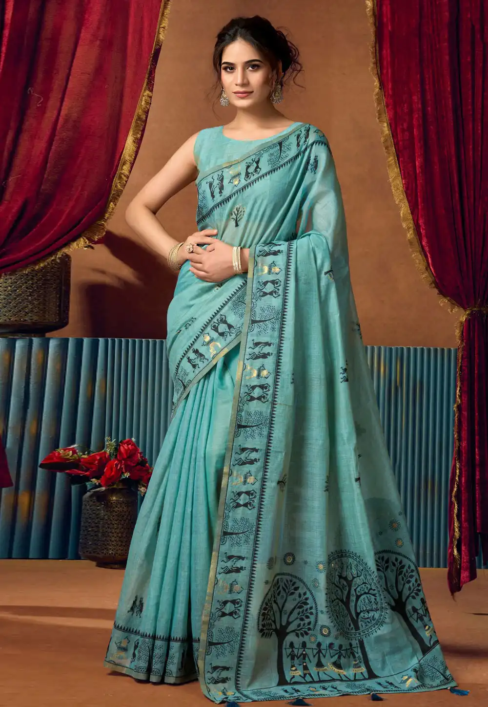 Sky Blue Cotton Saree With Blouse 325419