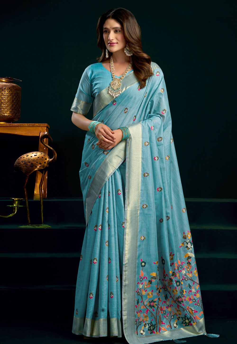 Sky Blue Cotton Saree With Blouse 327371