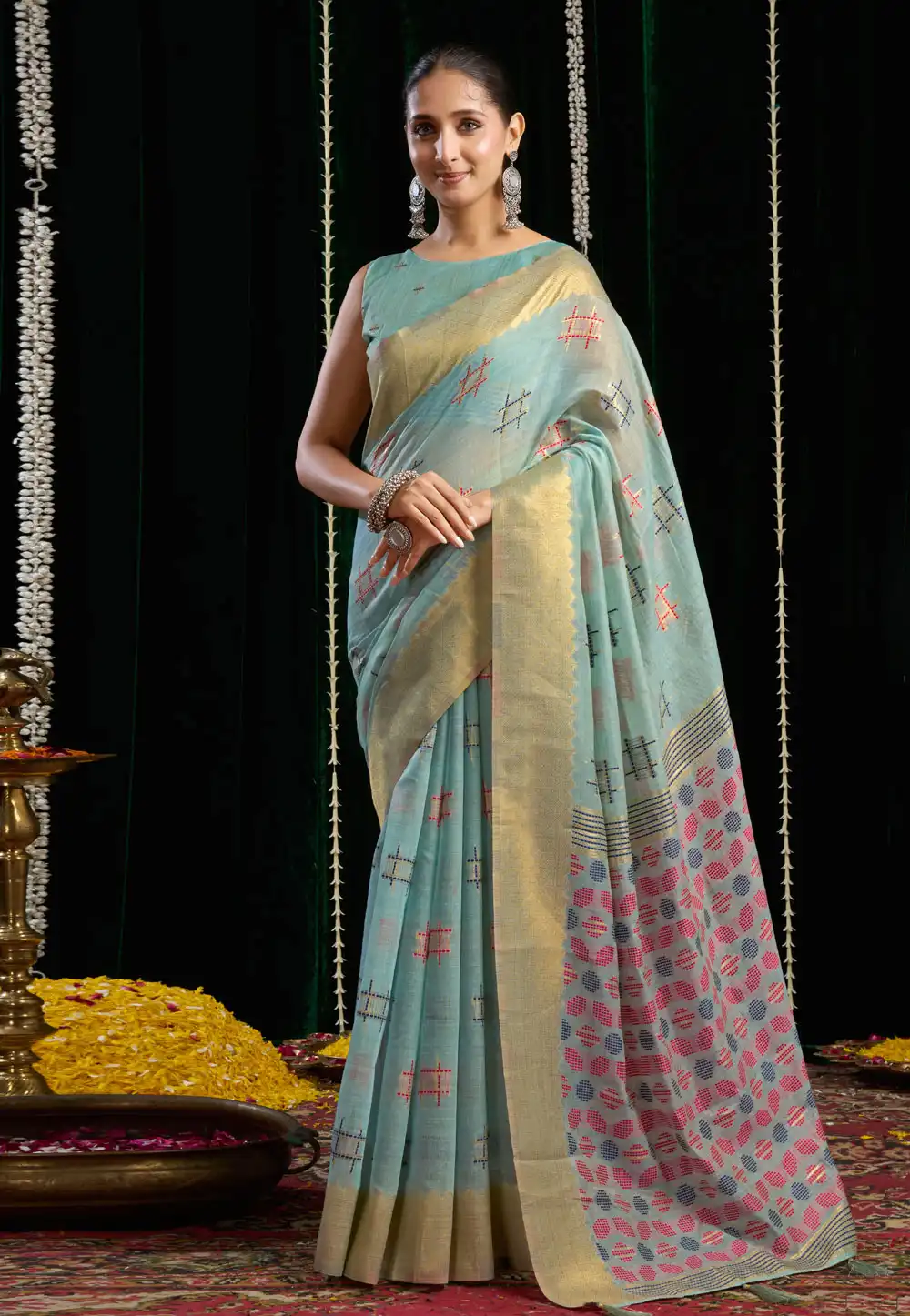 Sky Blue Cotton Saree With Blouse 319292