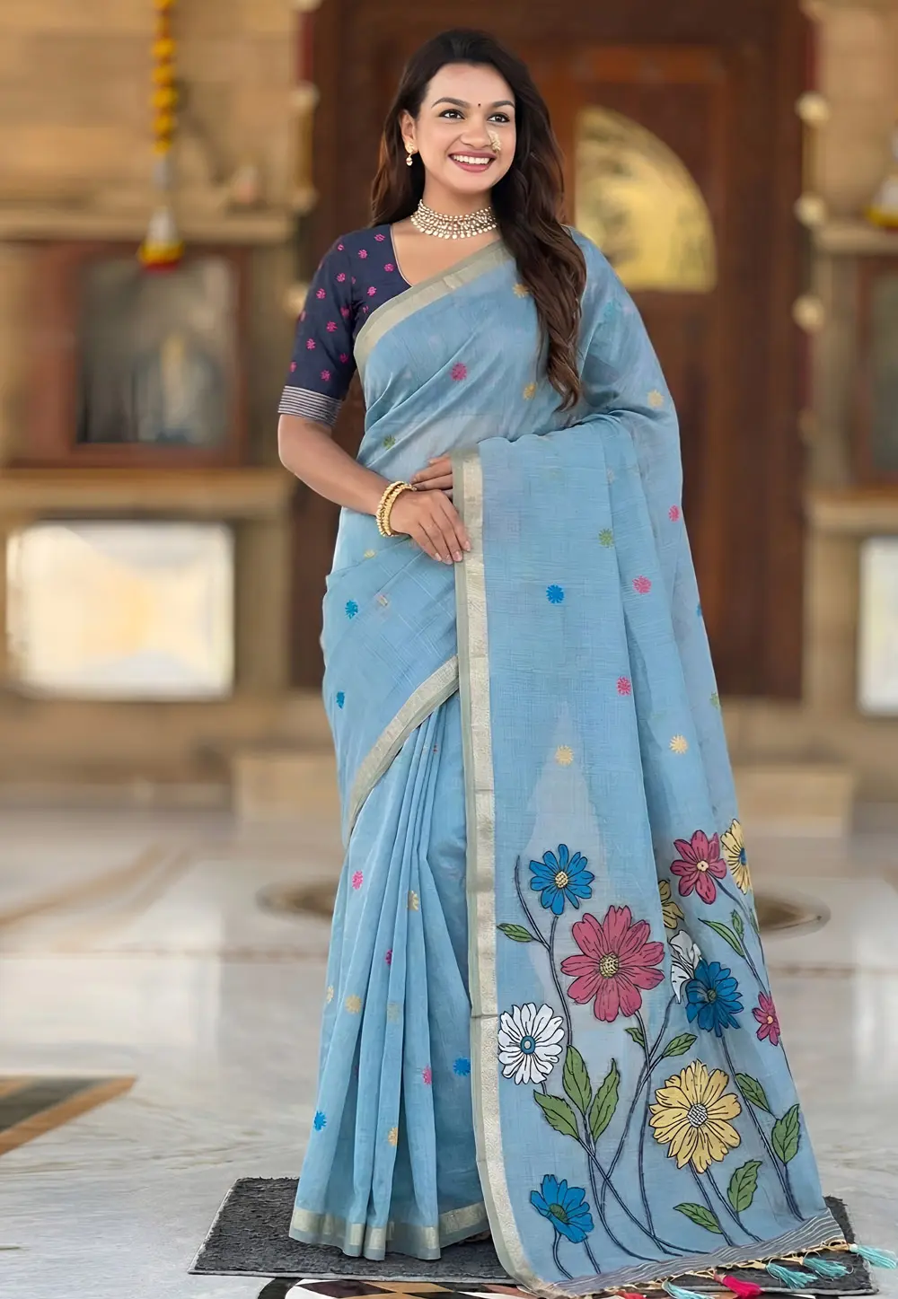 Sky Blue Cotton Saree With Blouse 331408