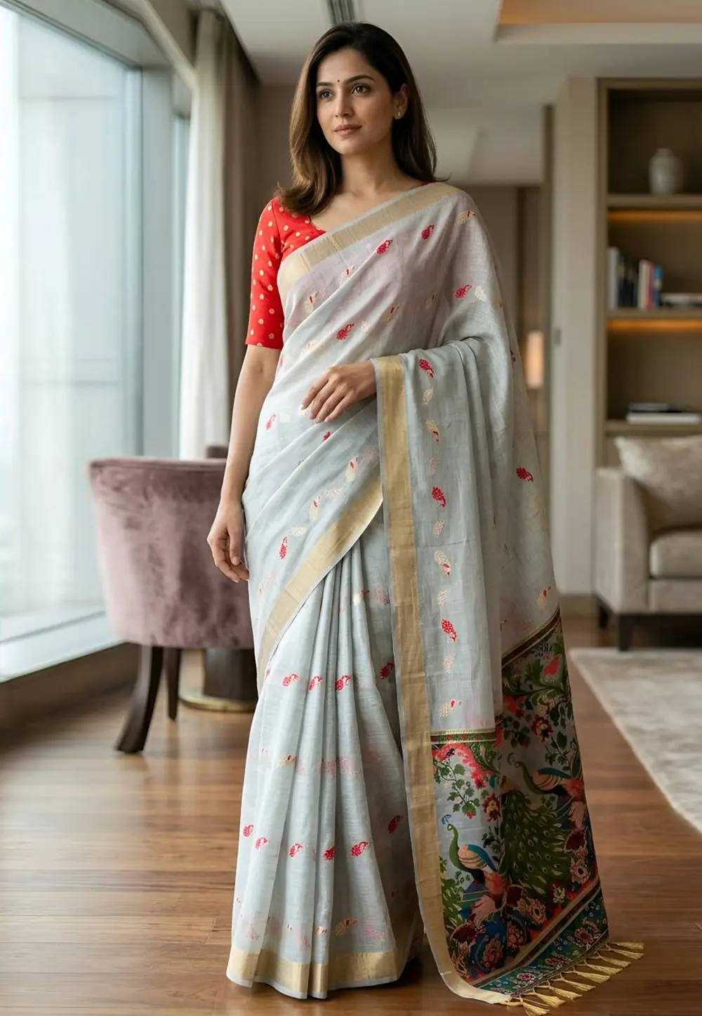 Sky Blue Cotton Saree With Blouse 331854