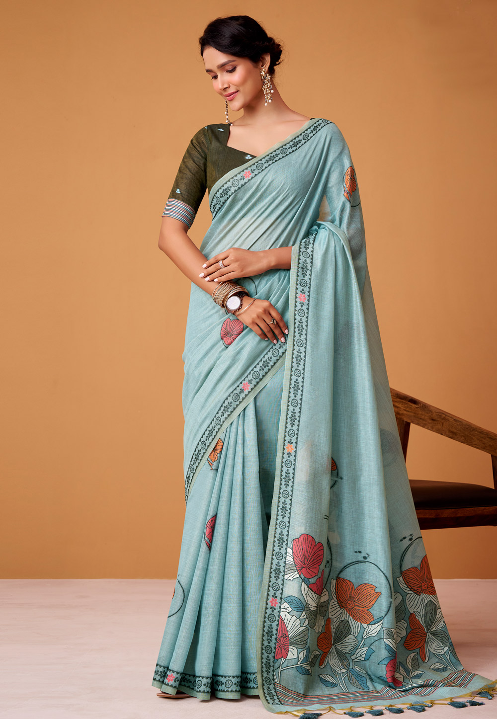 Sky Blue Cotton Saree With Blouse 323943