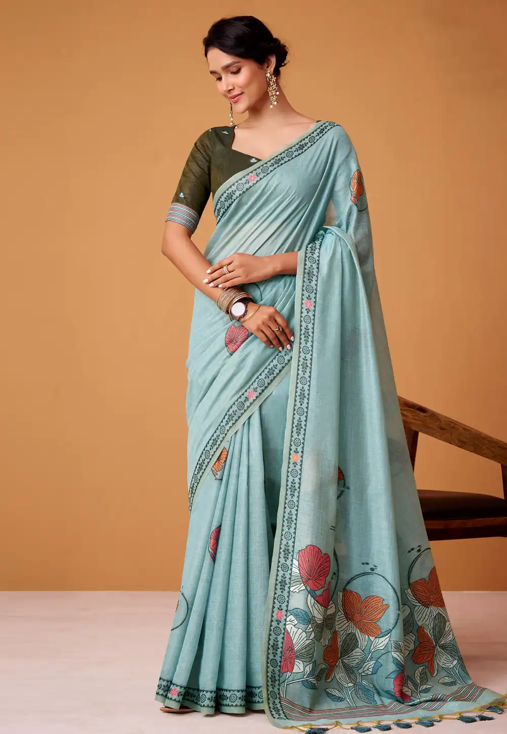 Sky Blue Cotton Saree With Blouse 323943