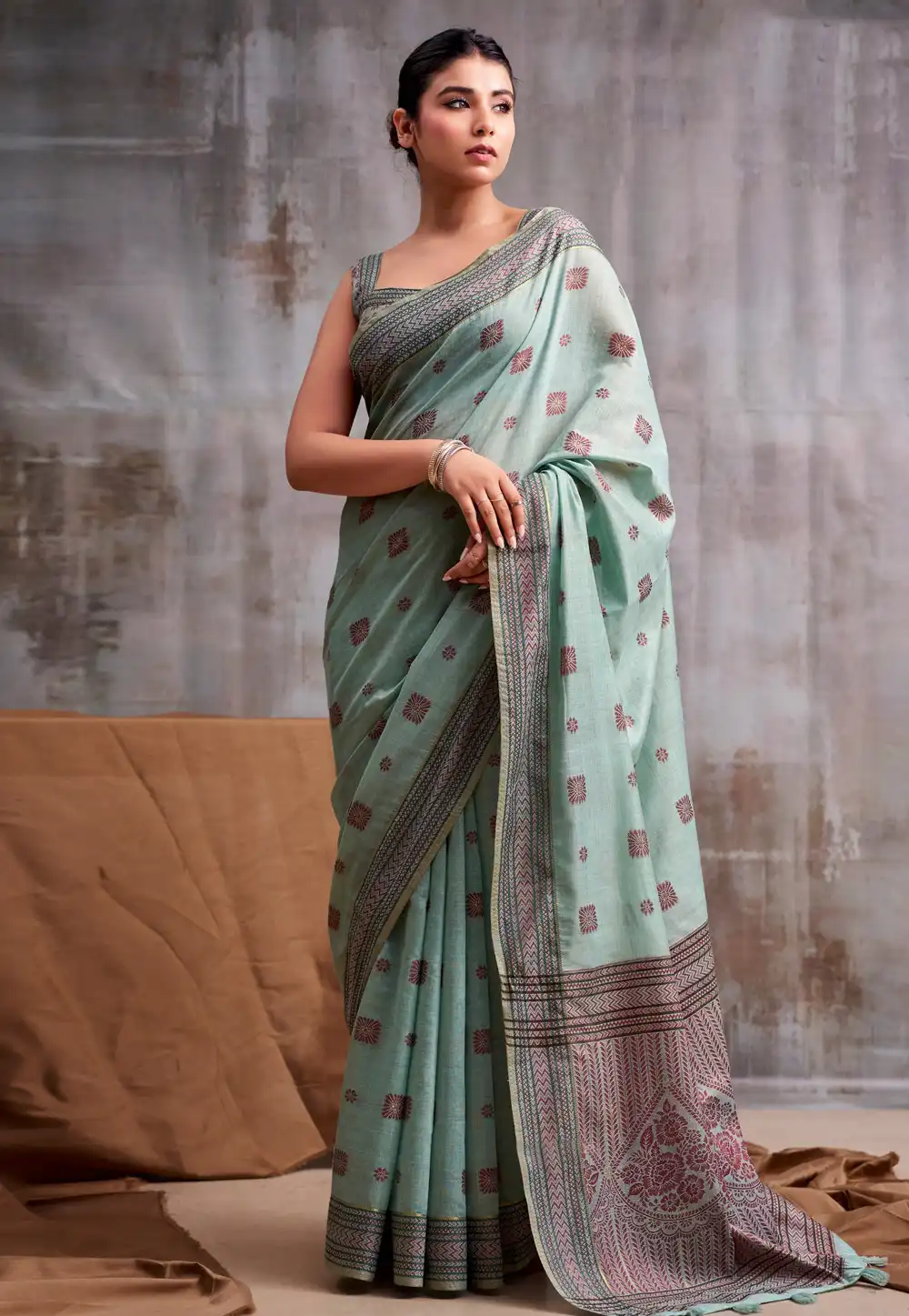 Sky Blue Cotton Saree With Blouse 328457