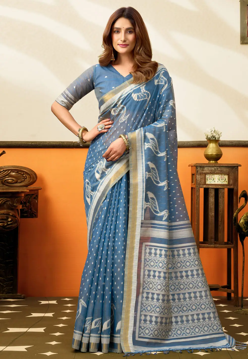 Sky Blue Cotton Saree With Blouse 334771