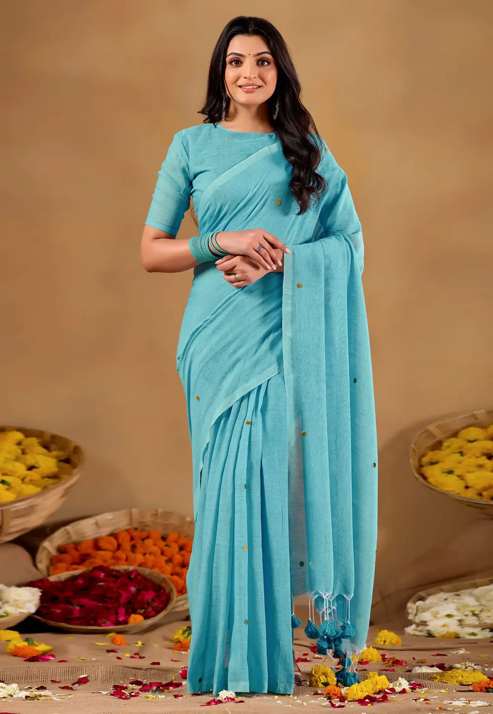 Sky Blue Cotton Saree With Blouse 332692