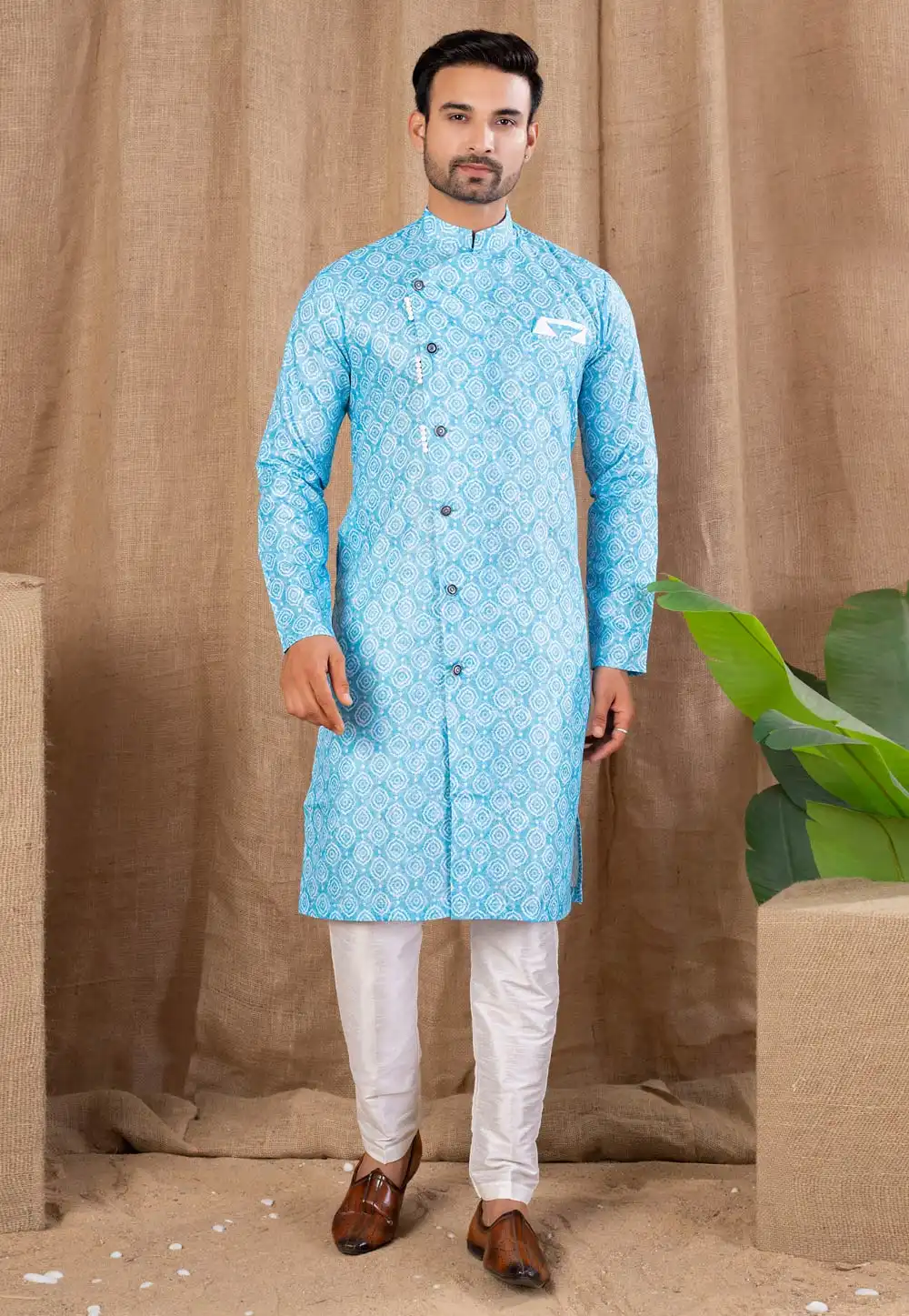 Sky Blue Cotton Silk Indo Western Suit 316491
