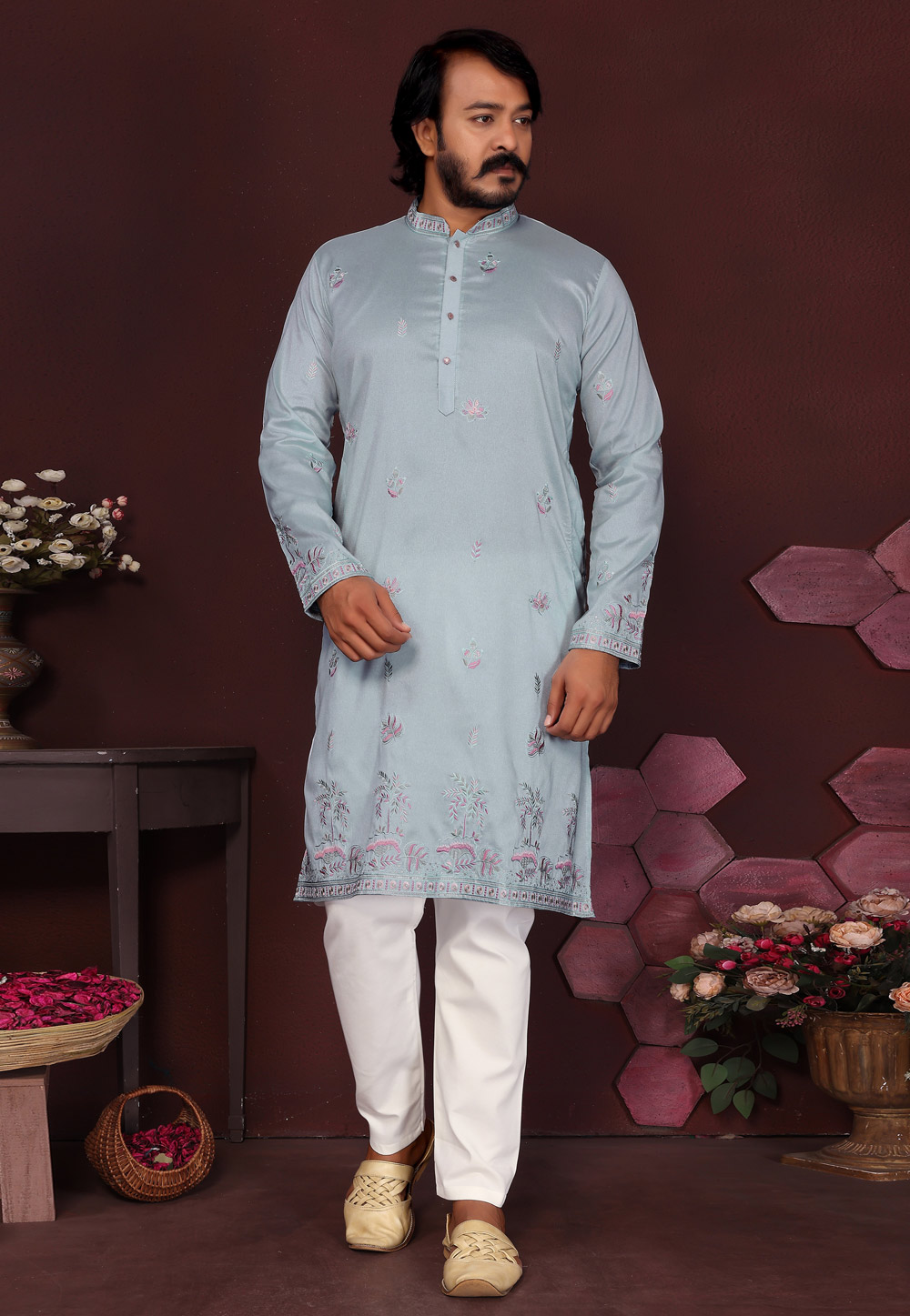 Sky Blue Cotton Silk Kurta Pajama 322096