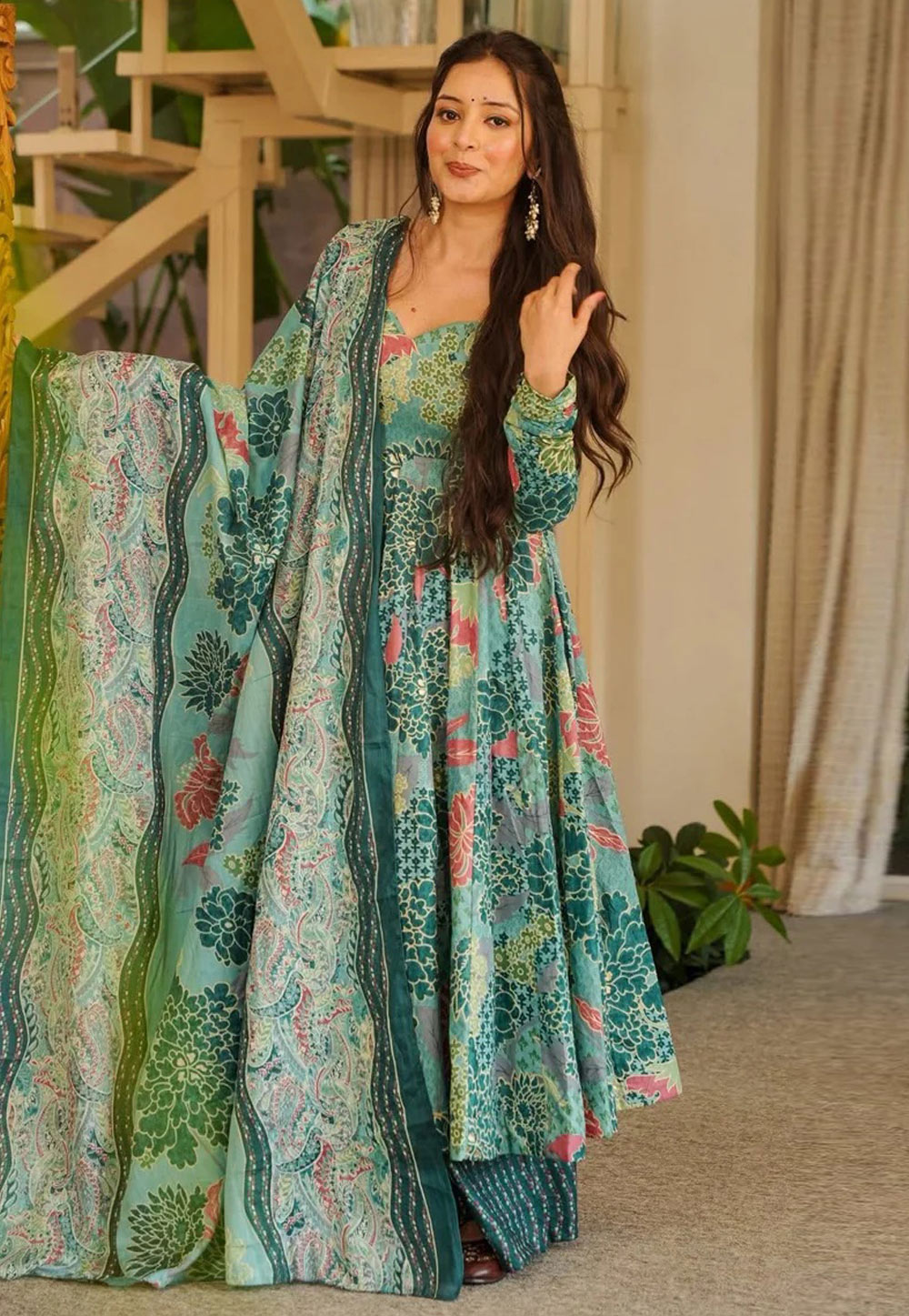 Sky Blue Cotton Silk Readymade Anarkali Suit 326894