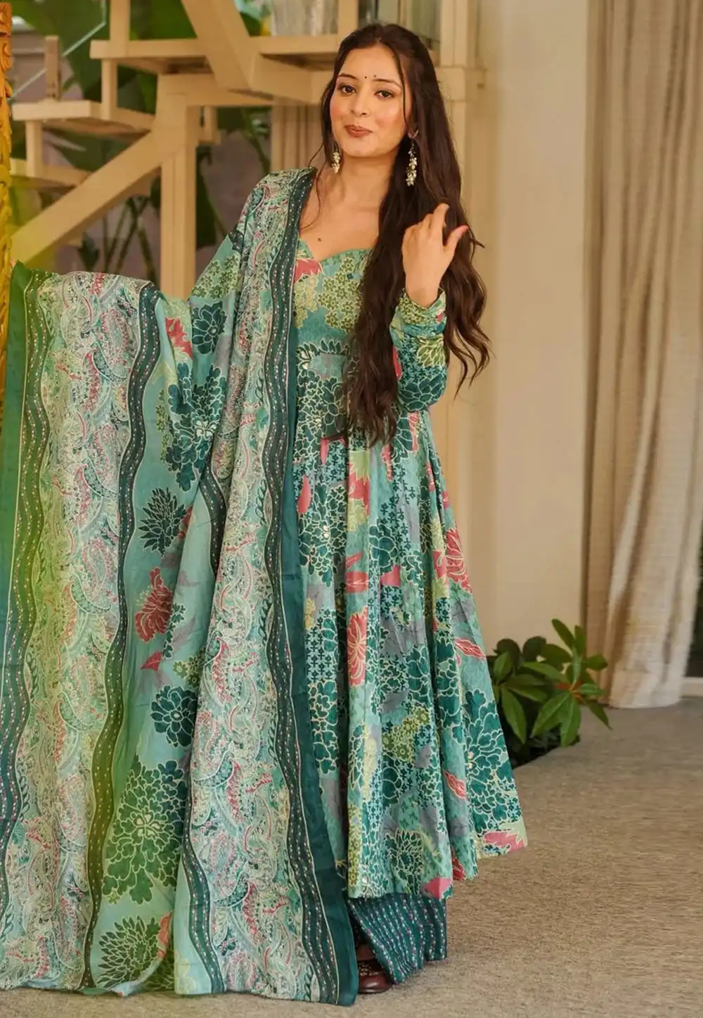 Sky Blue Cotton Silk Readymade Anarkali Suit 326894