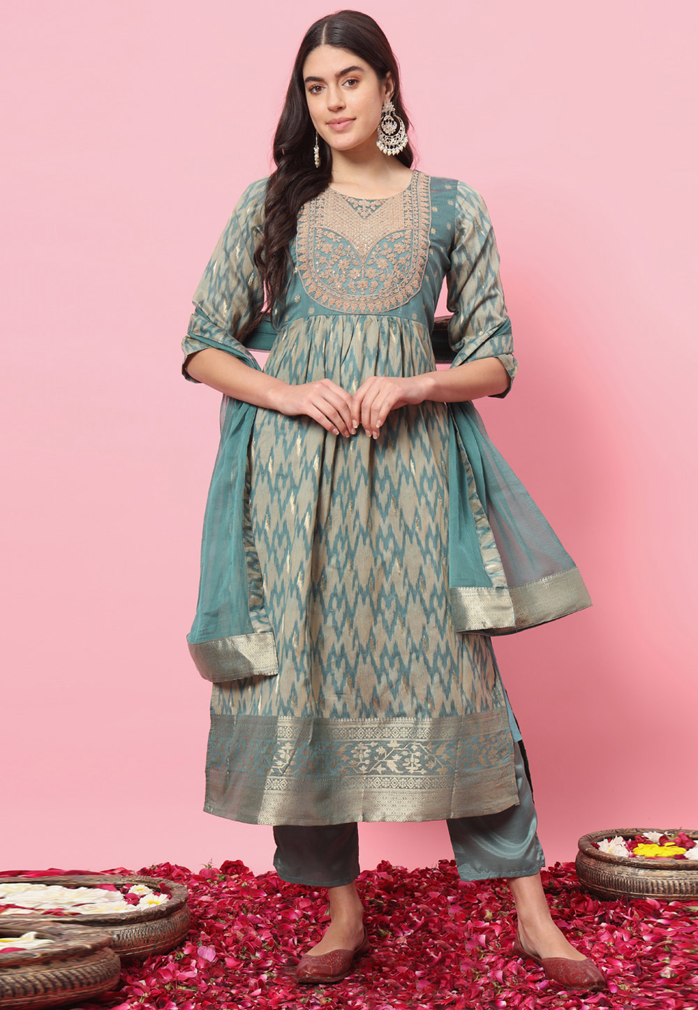 Sky Blue Cotton Silk Readymade Pant Style Suit 310036