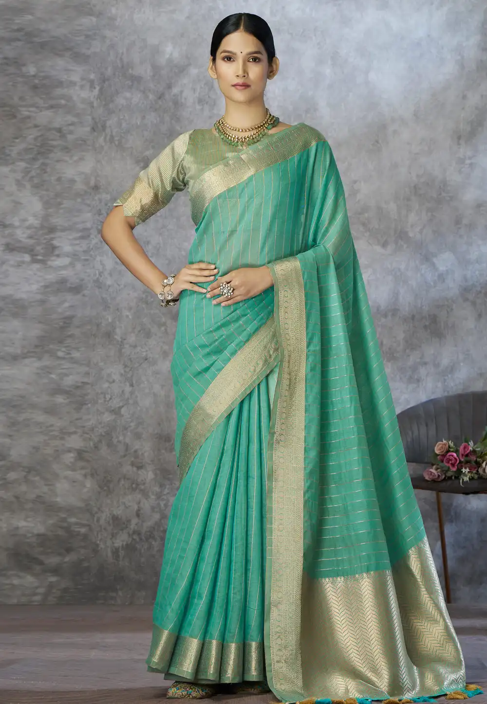 Sky Blue Cotton Silk Saree With Blouse 325885
