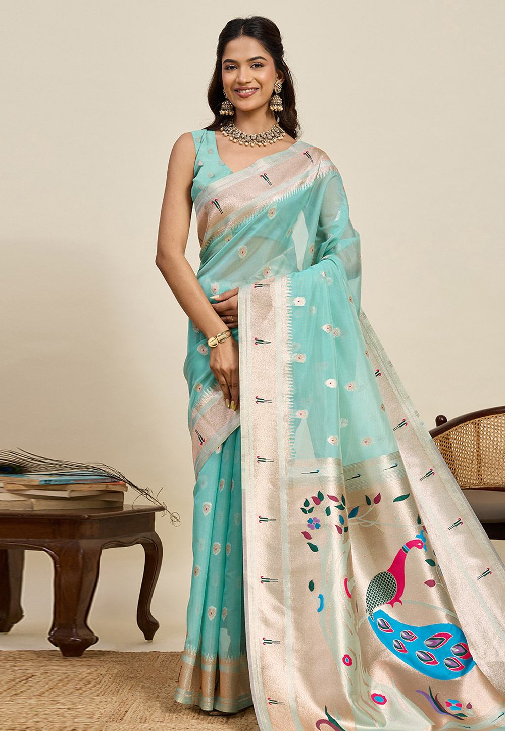 Sky Blue Cotton Silk Saree With Blouse 320292