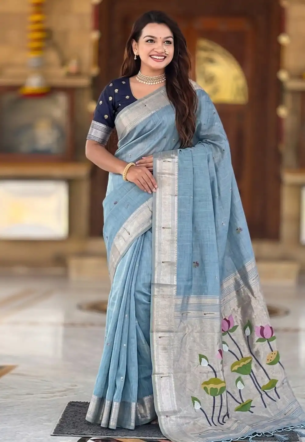 Sky Blue Cotton Silk Saree With Blouse 330506