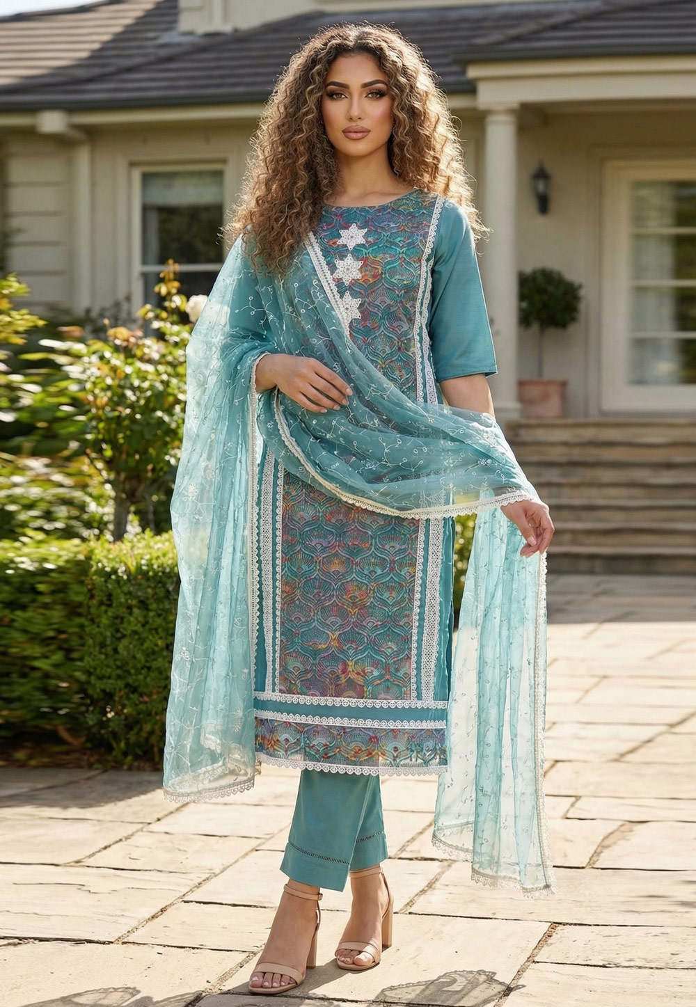 Sky Blue Cotton Silk Straight Suit 326483