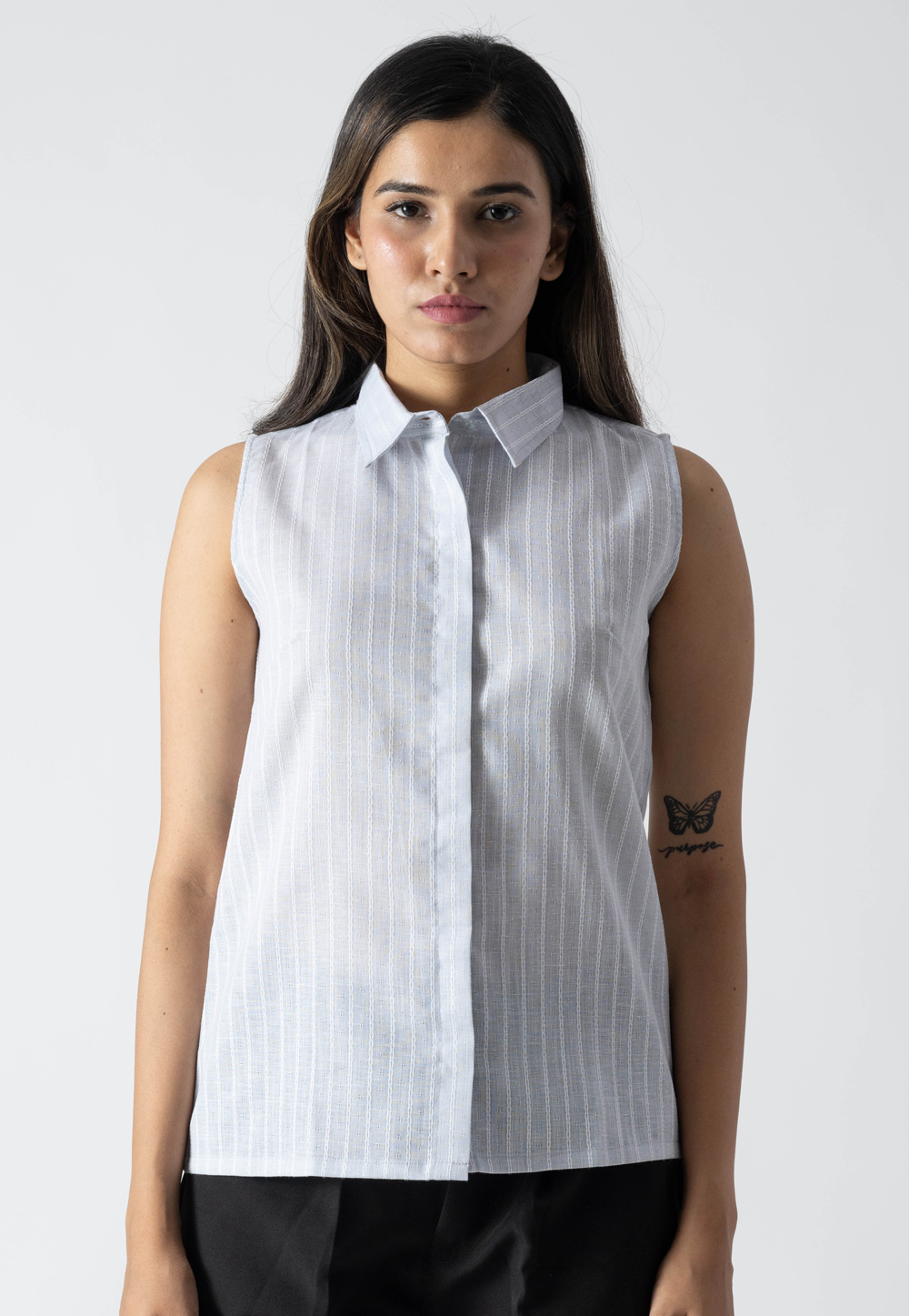 Sky Blue Cotton Sleeveless Shirt For Women 313256