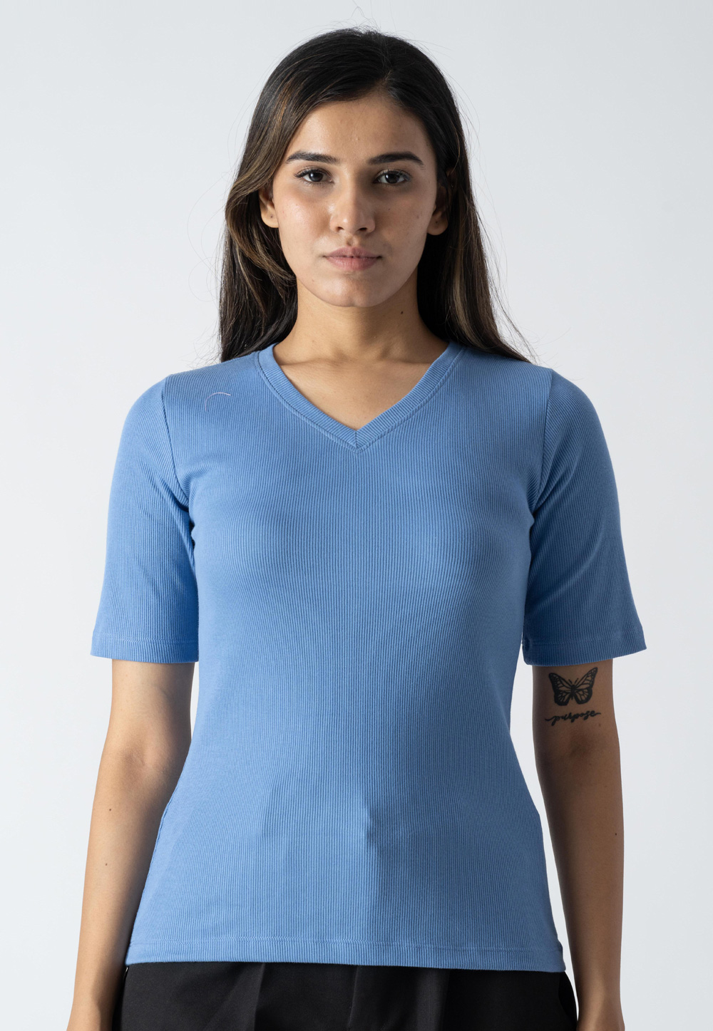 Sky Blue Cotton V Neck T-Shirt 313272