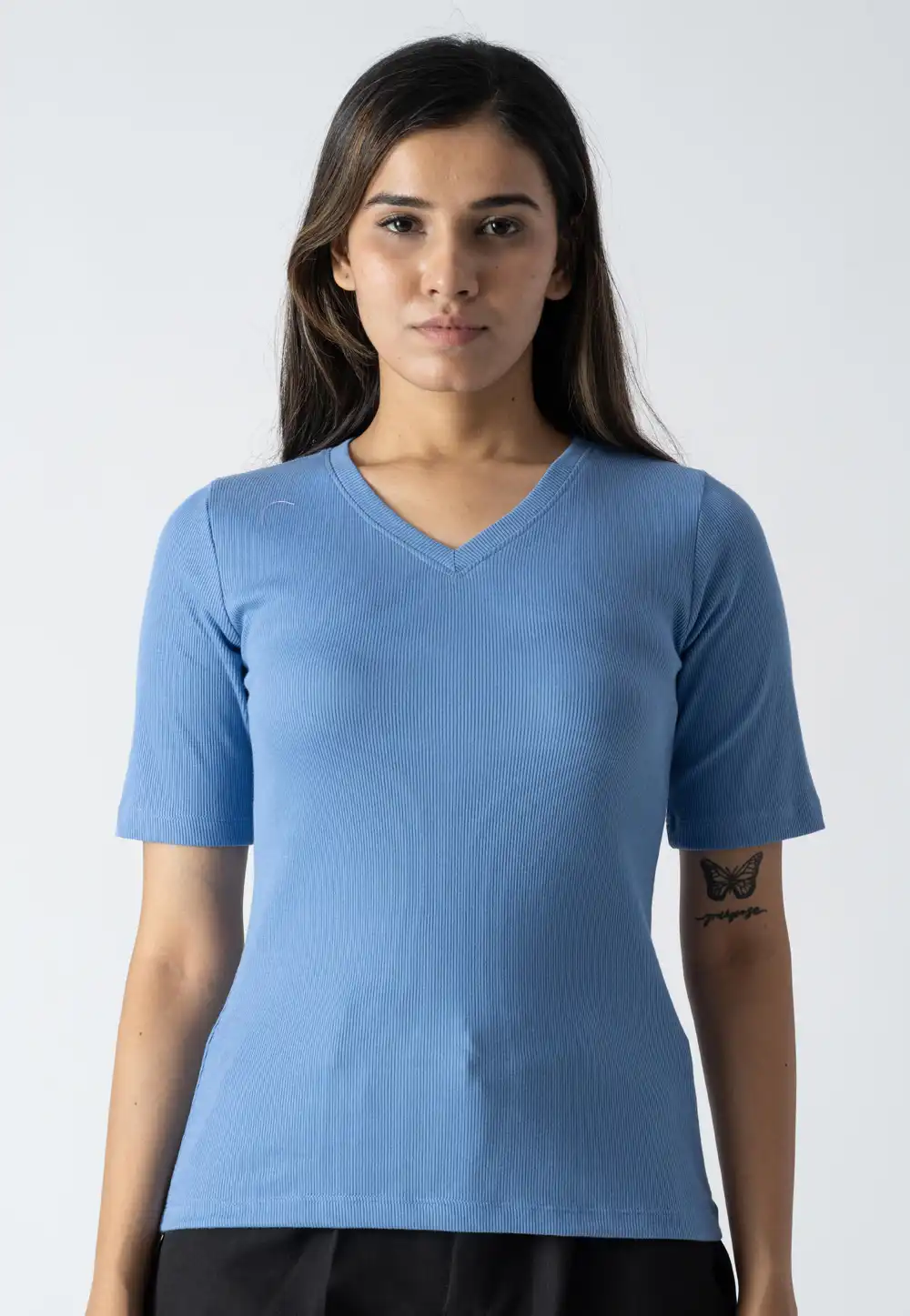 Sky Blue Cotton V Neck T-Shirt 313272