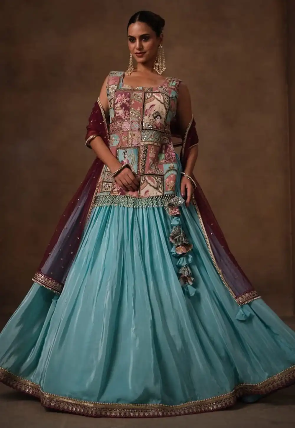 Sky Blue Crepe Long Choli Lehenga 329135