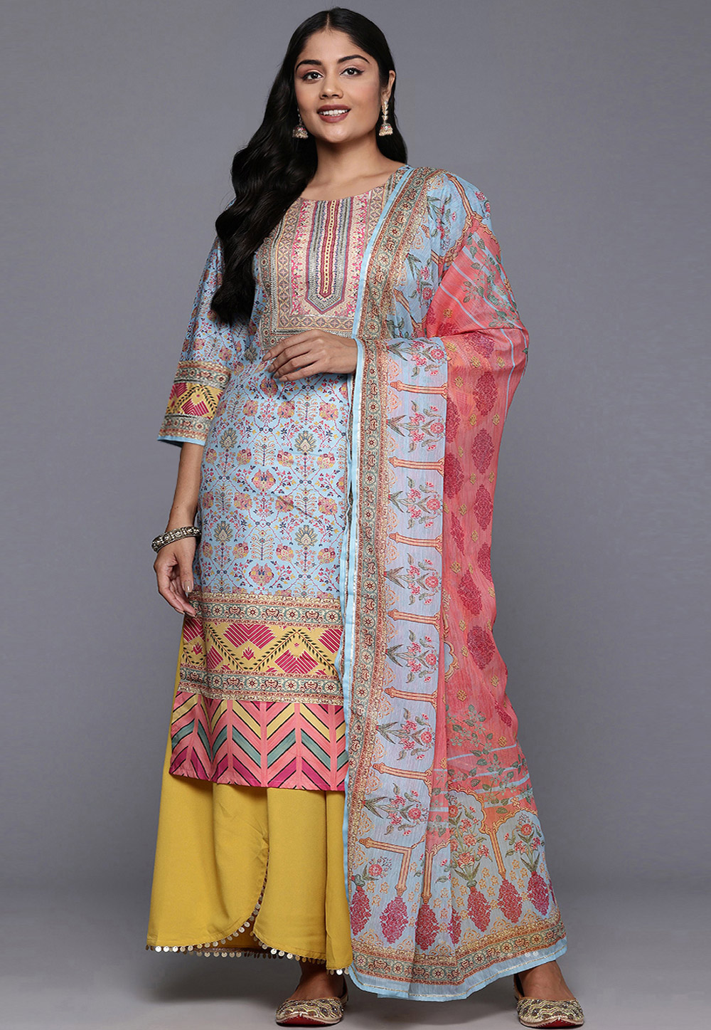 Sky Blue Crepe Readymade Pakistani Suit 308898