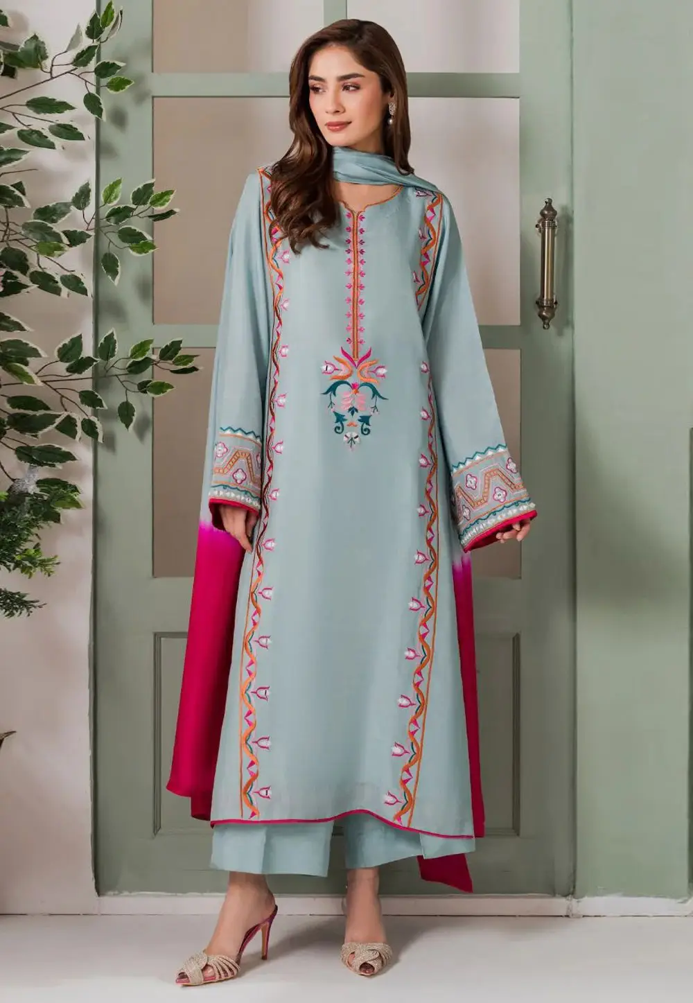 Sky Blue Crepe Readymade Palazzo Suit 333772