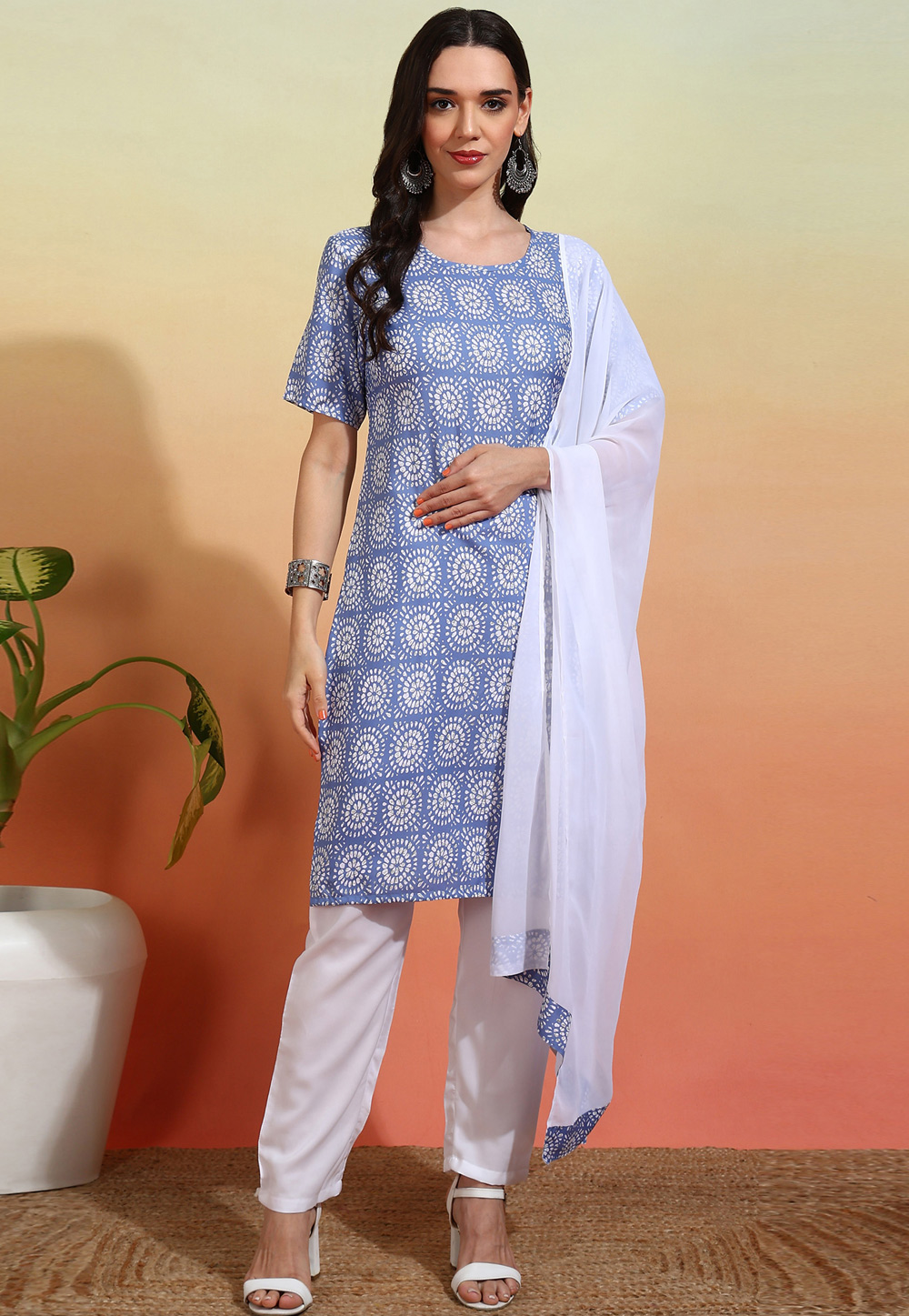 Sky Blue Crepe Readymade Pant Style Suit 308499