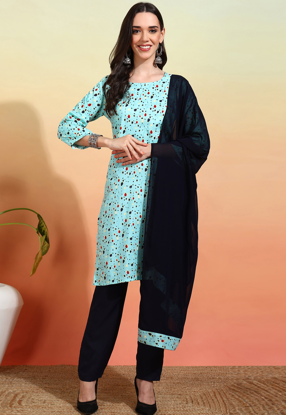 Sky Blue Crepe Readymade Pant Style Suit 308503