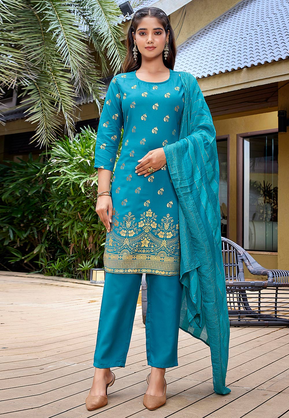 Sky Blue Crepe Readymade Pant Style Suit 308401