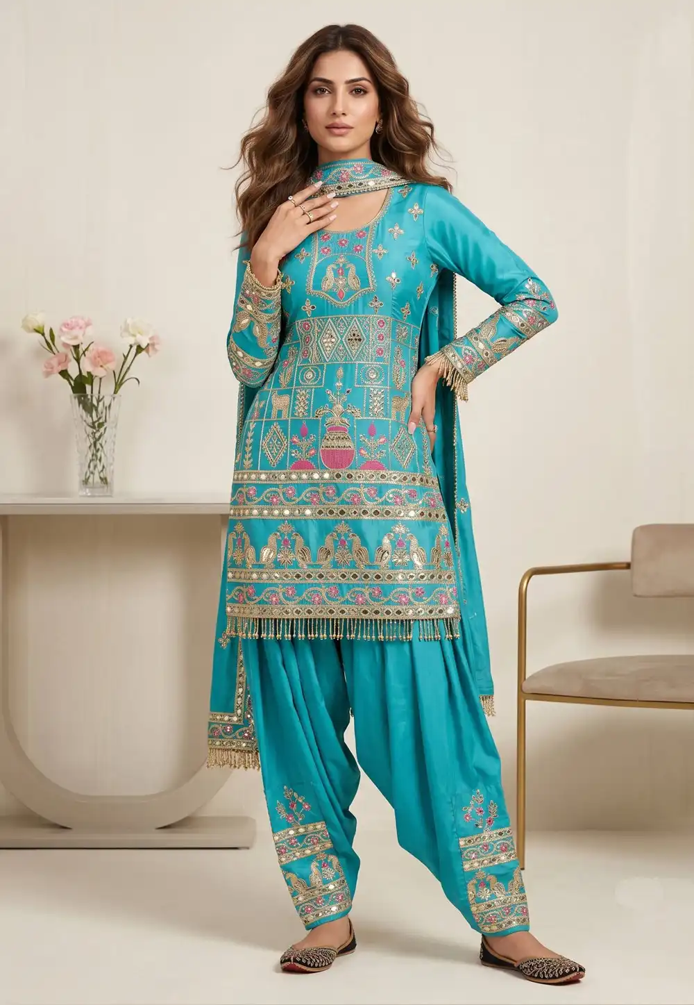 Sky Blue Crepe Readymade Punjabi Suit 330694
